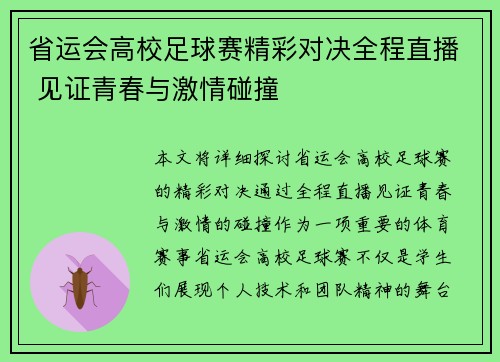 省运会高校足球赛精彩对决全程直播 见证青春与激情碰撞